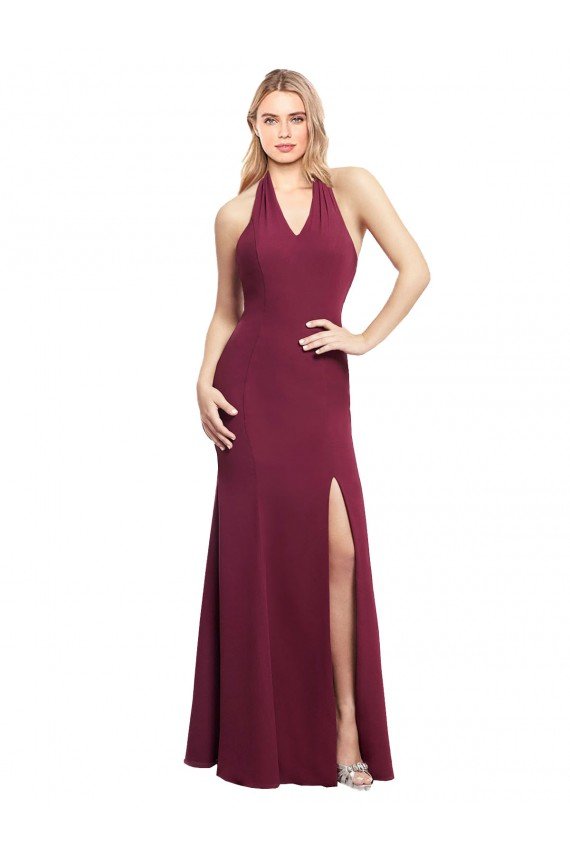 Affordable Chiffon Mermaid Bridesmaid Dress with Back Tie Halter Straps and Side Slit