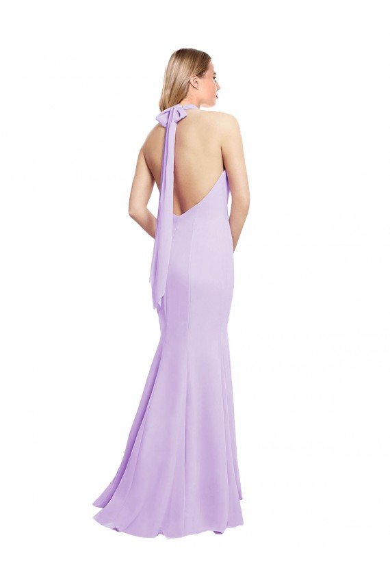 Affordable Chiffon Mermaid Bridesmaid Dress with Back Tie Halter Straps and Side Slit