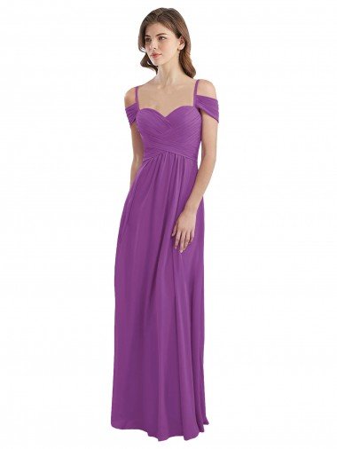 Affordable Cold Shoulder Long Chiffon Bridesmaid Dress with Ruching Details