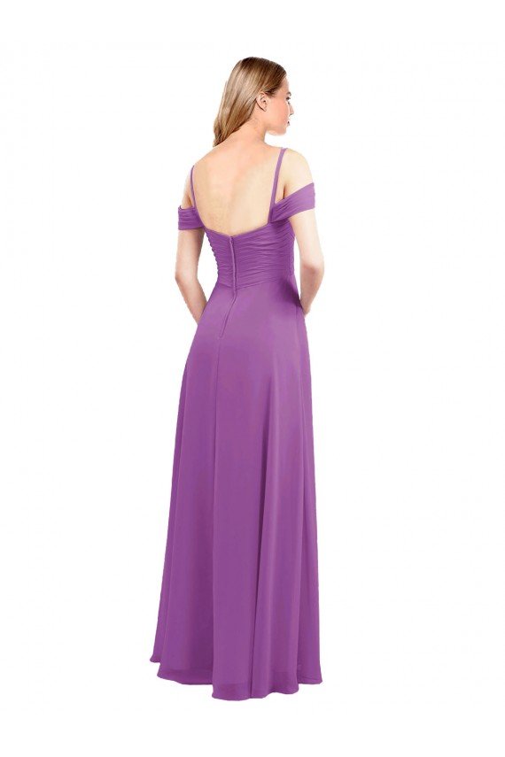 Affordable Cold Shoulder Long Chiffon Bridesmaid Dress with Ruching Details