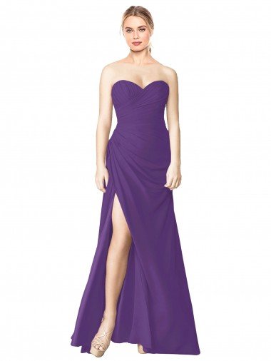 Affordable Strapless Chiffon Bridesmaid Dress with Pleated Wrap Bodice and Side Slit