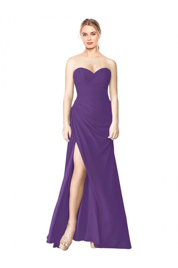 Affordable Strapless Chiffon Bridesmaid Dress with Pleated Wrap Bodice and Side Slit
