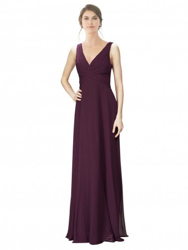 Affordable Long Chiffon Bridesmaid Dress with Ruched Criss Cross V-Neck Bodice