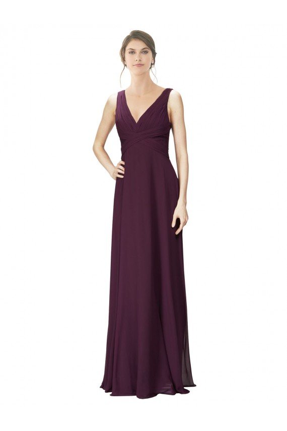 Affordable Long Chiffon Bridesmaid Dress with Ruched Criss Cross V-Neck Bodice