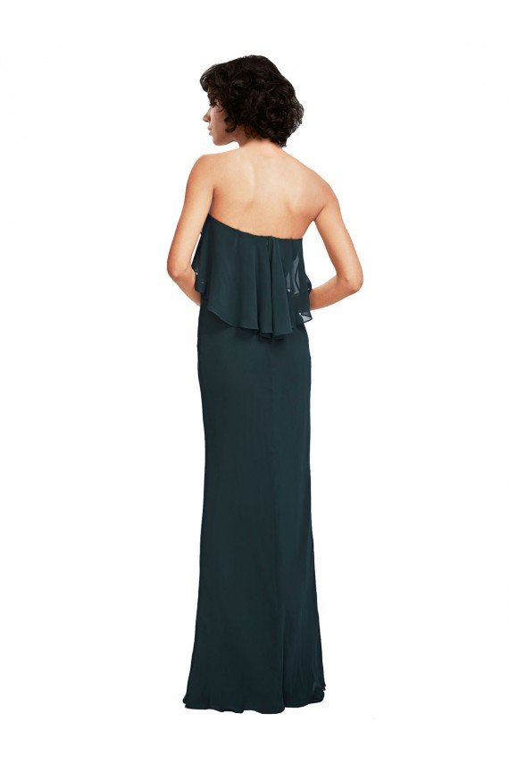 Affordable Strapless Chiffon Bridesmaid Dress with cascading Flounce Crop Top Bodice