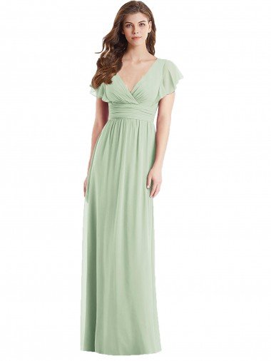 Affordable Flutter Sleeves Draped Wrap V-Neck Chiffon Bridesmaid Dress