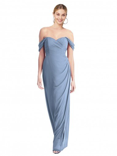 Affordable Full Length Draped Off the Shoulder Maxi Bridesmaid Dress with Shirred Streamer