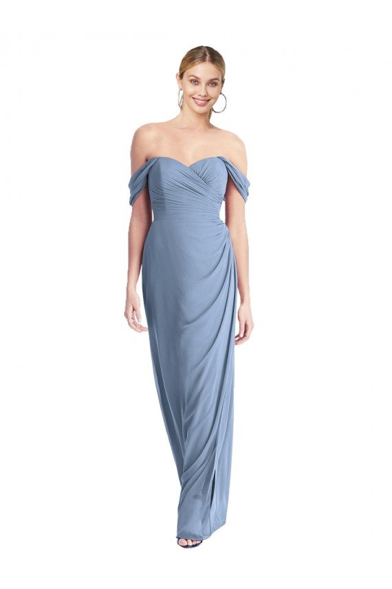 Affordable Full Length Draped Off the Shoulder Maxi Bridesmaid Dress with Shirred Streamer
