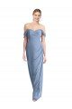 Affordable Full Length Draped Off the Shoulder Maxi Bridesmaid Dress with Shirred Streamer