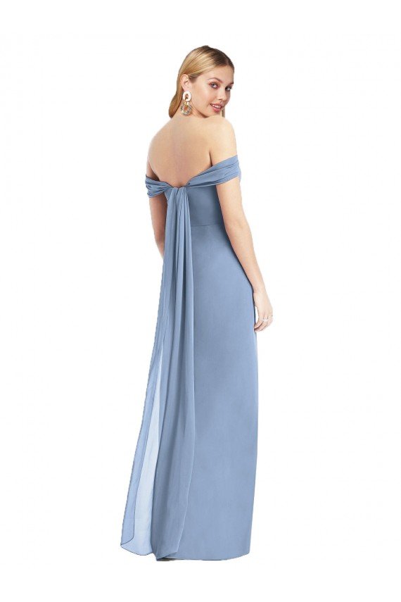 Affordable Full Length Draped Off the Shoulder Maxi Bridesmaid Dress with Shirred Streamer