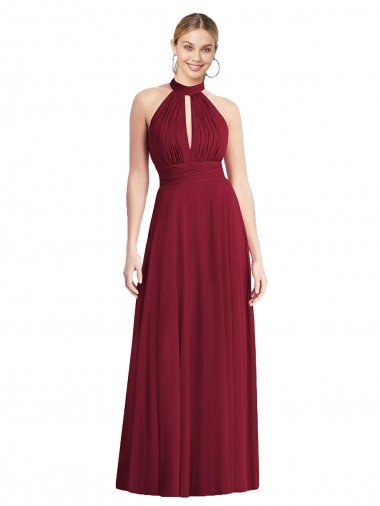 Affordable High-Neck Open Back Shirred Halter Maxi Bridesmaid Dress
