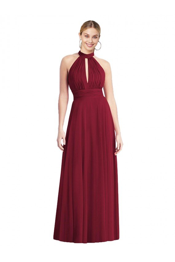 Affordable High-Neck Open Back Shirred Halter Maxi Bridesmaid Dress