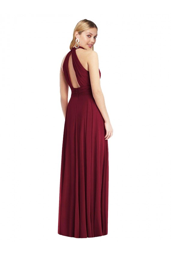 Affordable High-Neck Open Back Shirred Halter Maxi Bridesmaid Dress