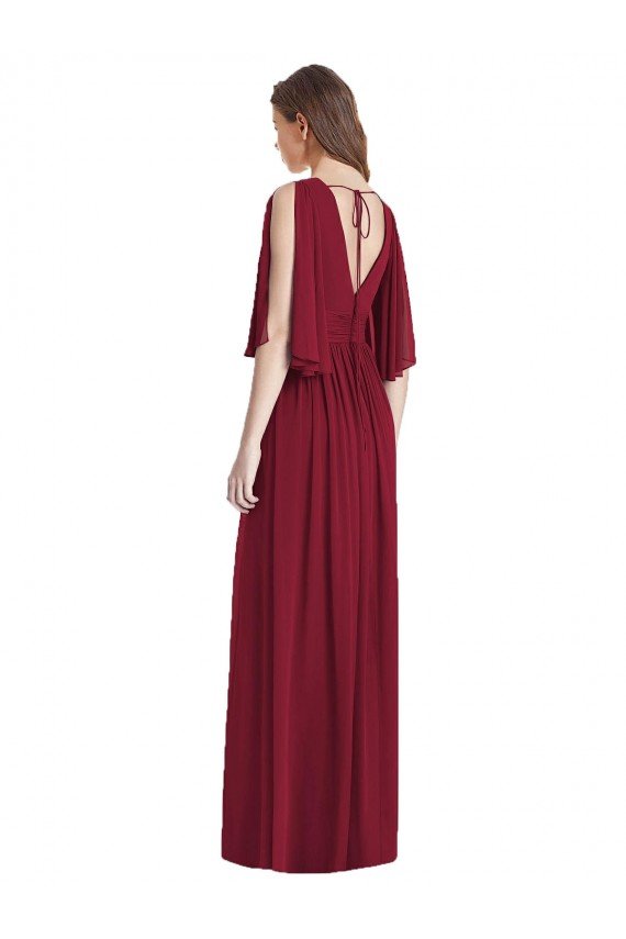 Affordable Split Sleeves Backless Chiffon Maxi Bridesmaid Dress