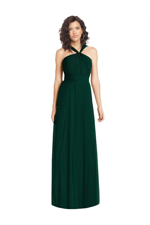 Affordable Draped Halter Neck Long Chiffon Bridesmaid Dress with Low Back