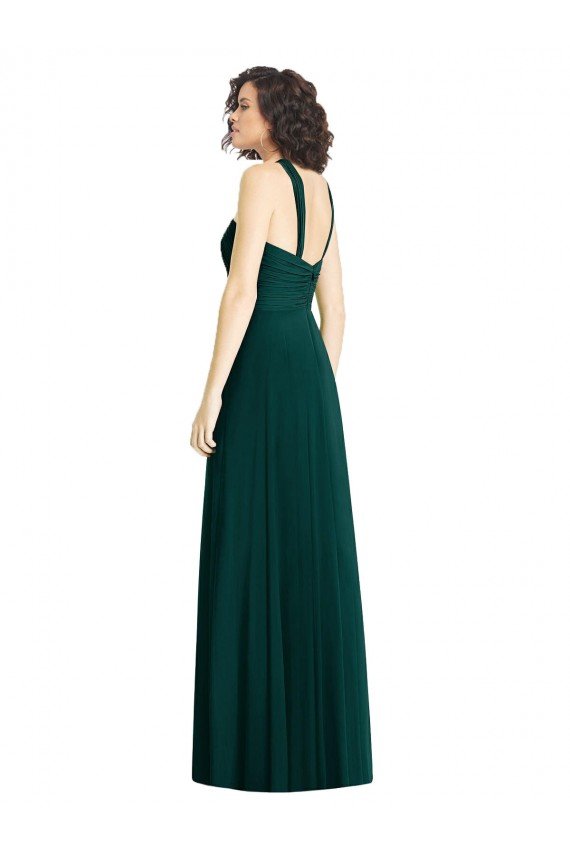 Affordable Draped Halter Neck Long Chiffon Bridesmaid Dress with Low Back