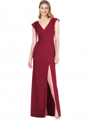 Affordable Ruffled Sleeves Mermaid Chiffon Bridesmaid Dress with Front Slit