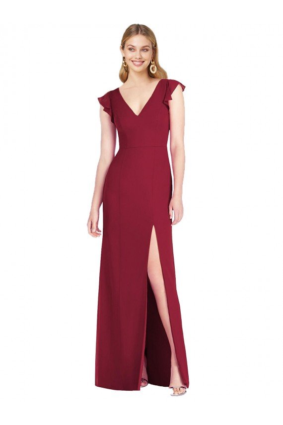 Affordable Ruffled Sleeves Mermaid Chiffon Bridesmaid Dress with Front Slit