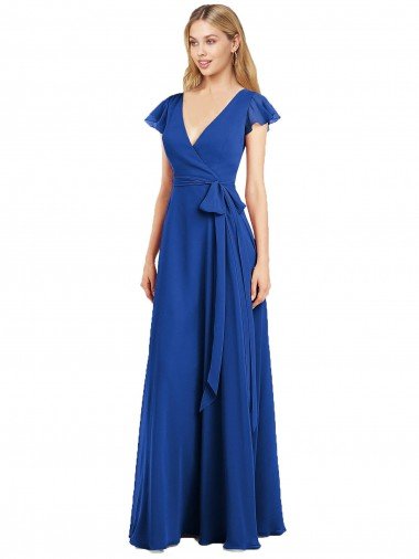 Affordable Flutter Sleeves Faux Wrap Chiffon Bridesmaid Dress