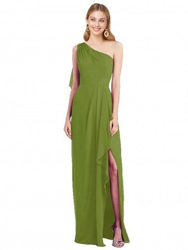 Affordable One Shoulder Chiffon Bridesmaid Dress with Draped Front Slit