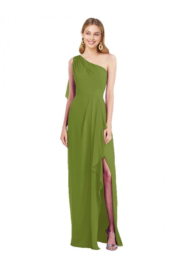 Affordable One Shoulder Chiffon Bridesmaid Dress with Draped Front Slit