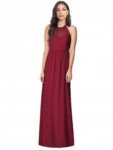 Affordable Halter Neck Full-Length Shirred Chiffon Bridesmaid Dress