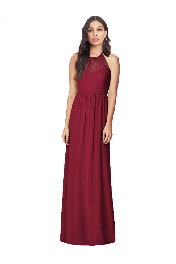 Affordable Halter Neck Full-Length Shirred Chiffon Bridesmaid Dress