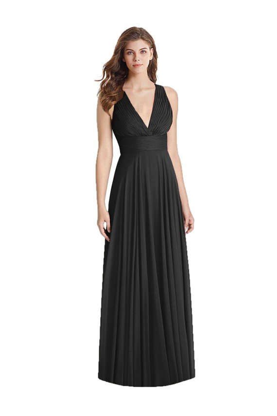 Affordable Full Length V-Neck Chiffon Bridesmaid Dress with Wide Criss Cross Straps