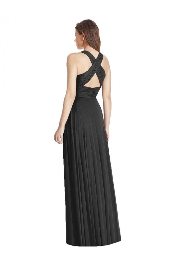 Affordable Full Length V-Neck Chiffon Bridesmaid Dress with Wide Criss Cross Straps