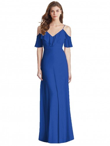Affordable Ruffled Cold-Shoulder Chiffon Maxi Bridesmaid Dress