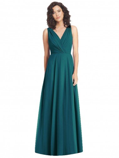 Affordable Draped V-Neck Long Sleeveless Chiffon Bridesmaid Dress