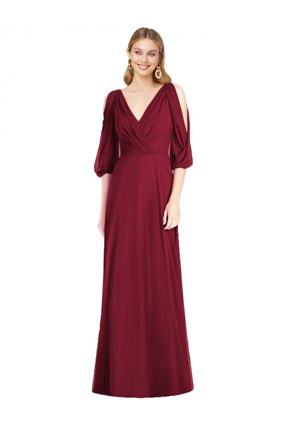 Affordable Draped V-Neck Bell Sleeves V-Back Chiffon Bridesmaid Dress