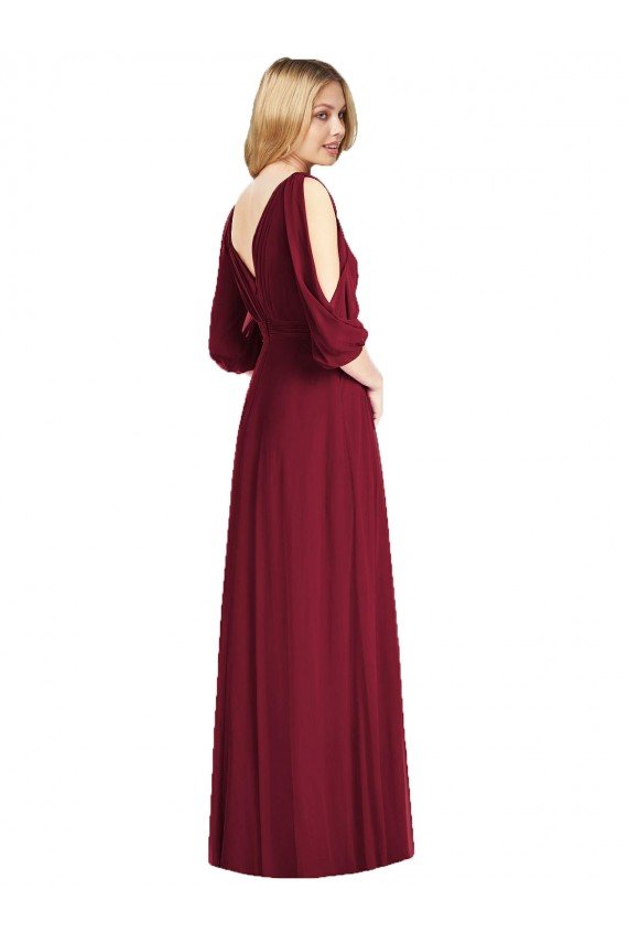 Affordable Draped V-Neck Bell Sleeves V-Back Chiffon Bridesmaid Dress