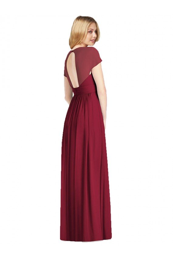 Affordable V-Neck Cap Sleeves Sheer Back Chiffon Bridesmaid Dress