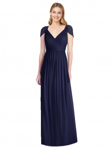 Affordable V-Neck Cap Sleeves Sheer Back Chiffon Bridesmaid Dress
