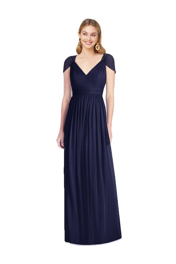 Affordable V-Neck Cap Sleeves Sheer Back Chiffon Bridesmaid Dress
