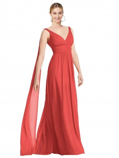 Affordable Full-Length V-Neck Chiffon Bridesmaid Dress Streamers Back