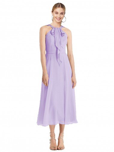 Affordable Midi Length Halter Plunging V-Back Chiffon Bridesmaid Dress / Cocktail Dress