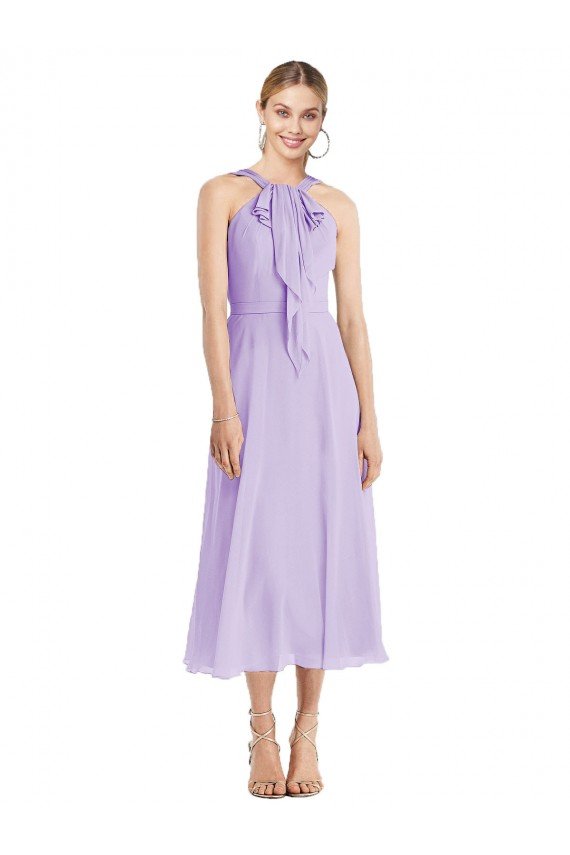 Affordable Midi Length Halter Plunging V-Back Chiffon Bridesmaid Dress / Cocktail Dress
