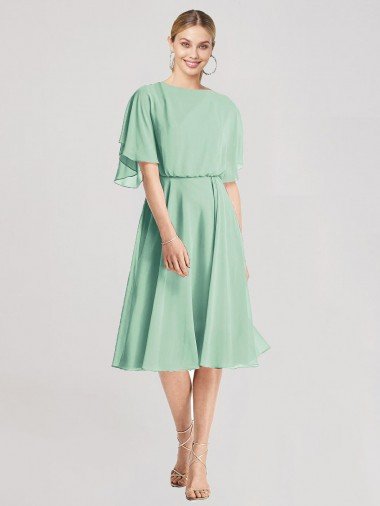 Affordable Open Back Flutter Sleeves Cocktail Length Chiffon Bridesmaid Dress