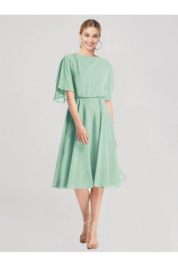 Affordable Open Back Flutter Sleeves Cocktail Length Chiffon Bridesmaid Dress