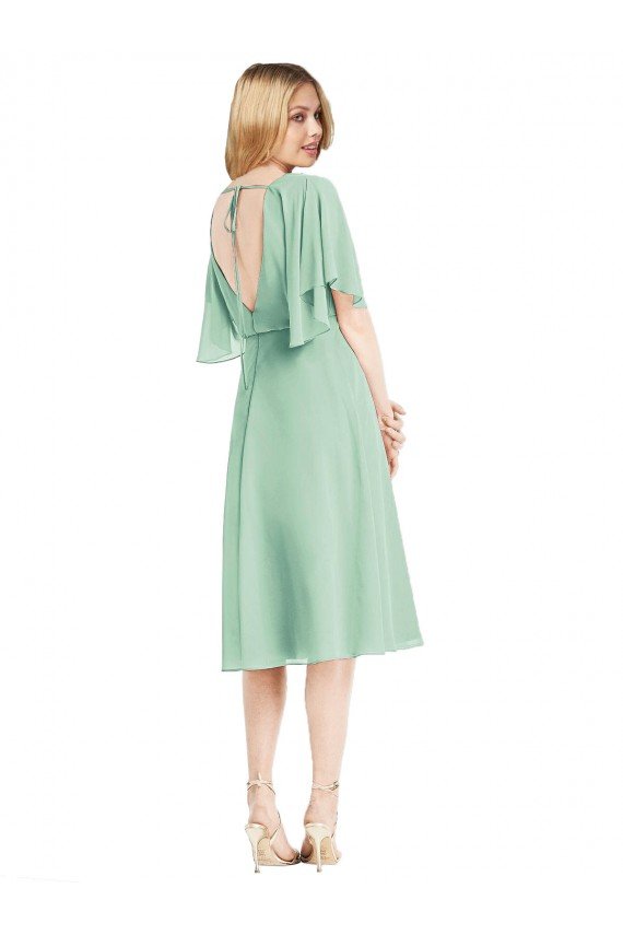 Affordable Open Back Flutter Sleeves Cocktail Length Chiffon Bridesmaid Dress