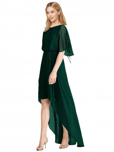 Affordable Plunging V Back Flutter Sleeves Cocktail Length Chiffon Bridesmaid Dress
