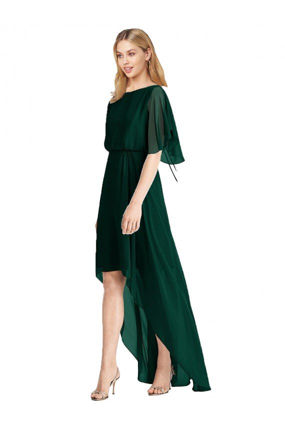Affordable Plunging V Back Flutter Sleeves Cocktail Length Chiffon Bridesmaid Dress