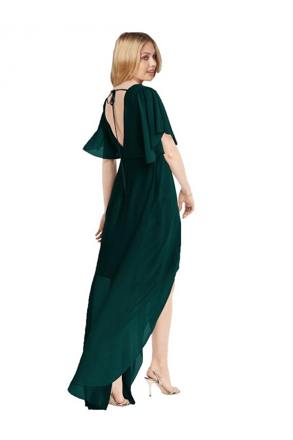 Affordable Plunging V Back Flutter Sleeves Cocktail Length Chiffon Bridesmaid Dress