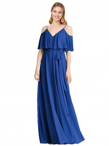 Affordable Spaghetti Straps V-Neck Chiffon Bridesmaid Dress with Sash Tie