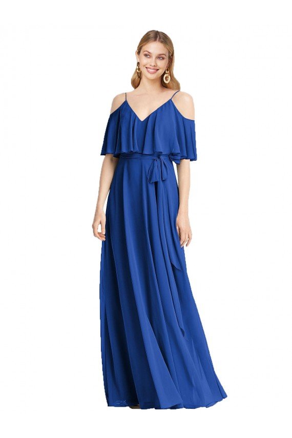Affordable Spaghetti Straps V-Neck Chiffon Bridesmaid Dress with Sash Tie
