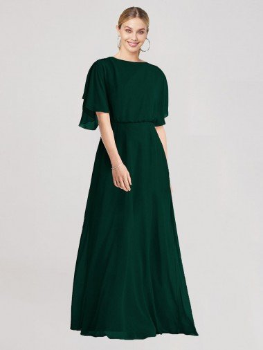 Affordable Full-Length Flutter Sleeves Plunging V Back Chiffon Bridesmaid Dress