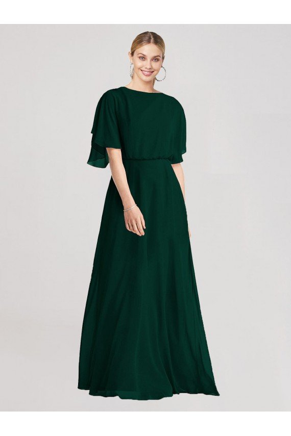 Affordable Full-Length Flutter Sleeves Plunging V Back Chiffon Bridesmaid Dress