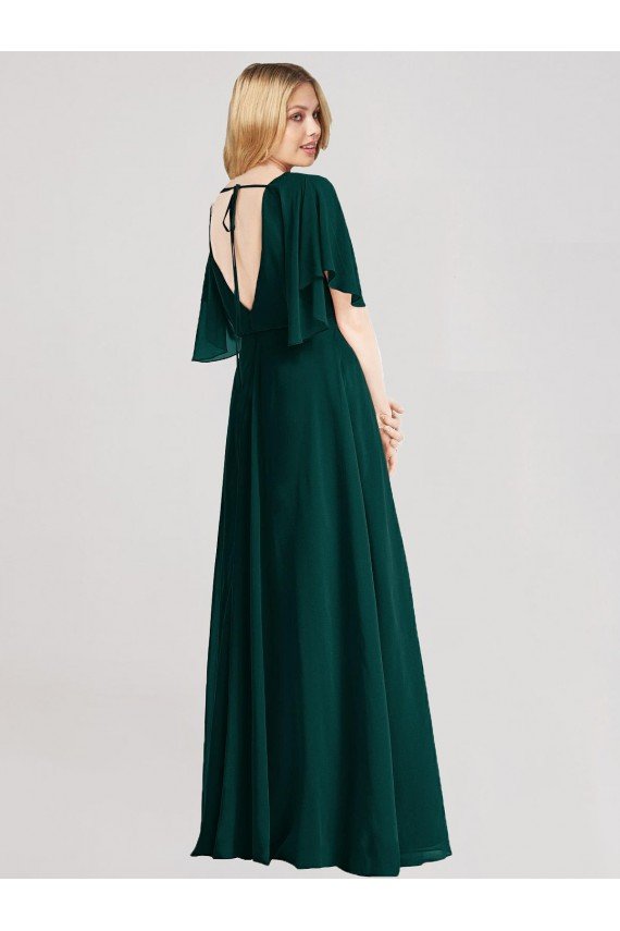 Affordable Full-Length Flutter Sleeves Plunging V Back Chiffon Bridesmaid Dress
